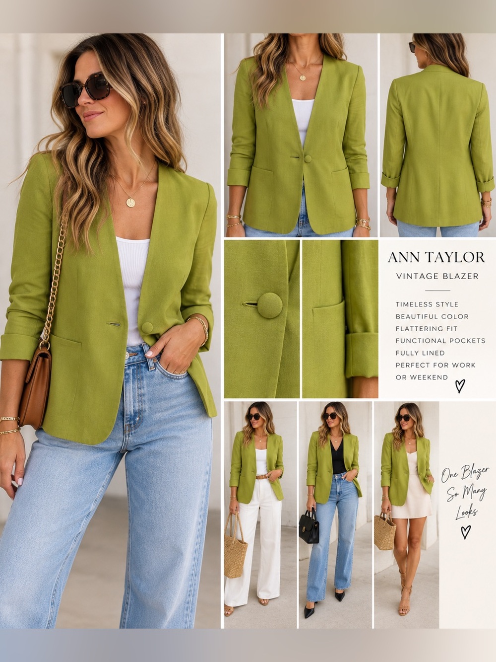 Ann Taylor Vintage Y2K Chartreuse Green Linen Blend Longline Blazer Size 4
